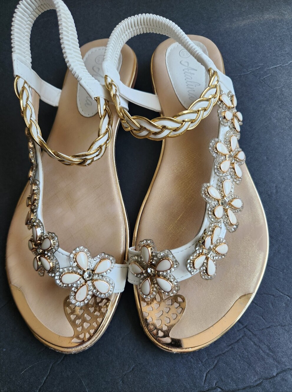 Women's White and Gold Floral Embellished Sandals
